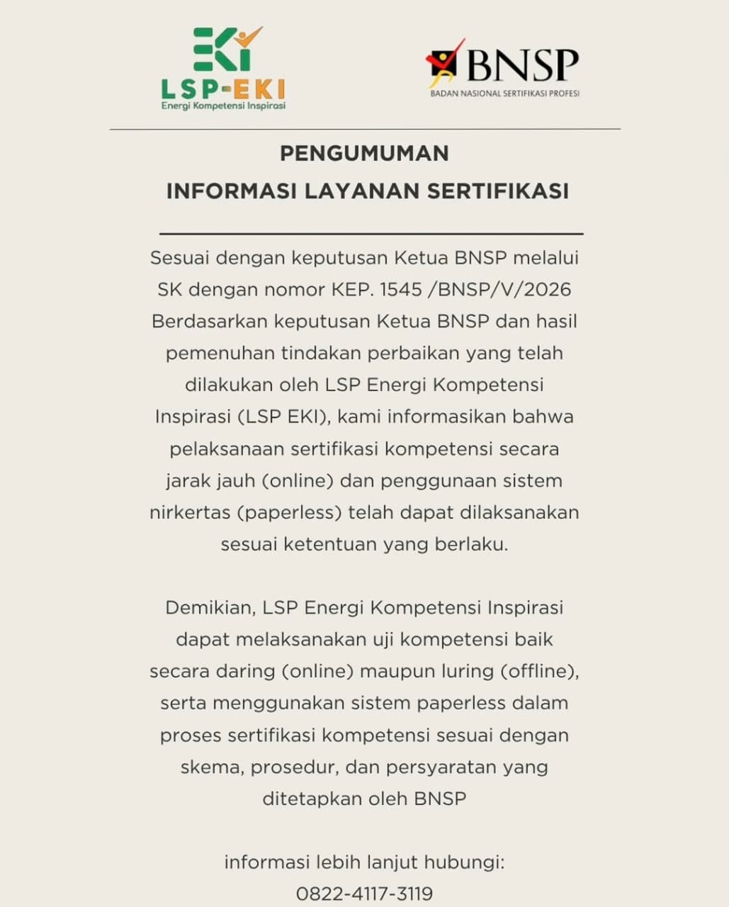 SK BNSP No. KEP. 1545/BNSP/V/2026